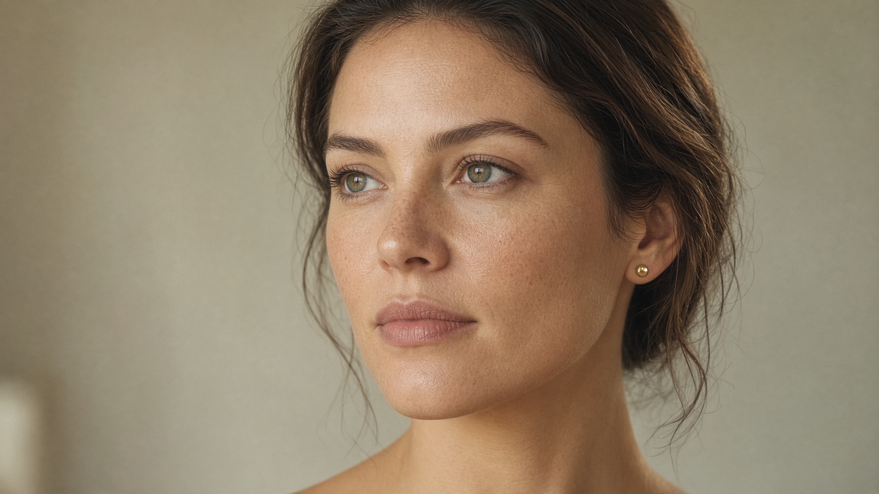 Close portrait with luminous skin in warm studio light.
